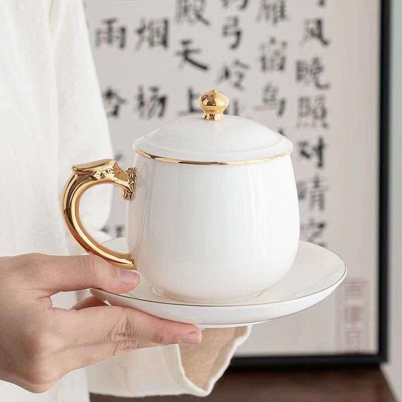 羊脂玉白瓷描金办公室泡茶杯陶瓷咖啡杯大容量杯陶瓷杯带盖马克杯