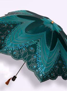 复古刺绣蕾丝伞女神范两折亮片花边防晒伞精工刺绣黑色紫外线伞女