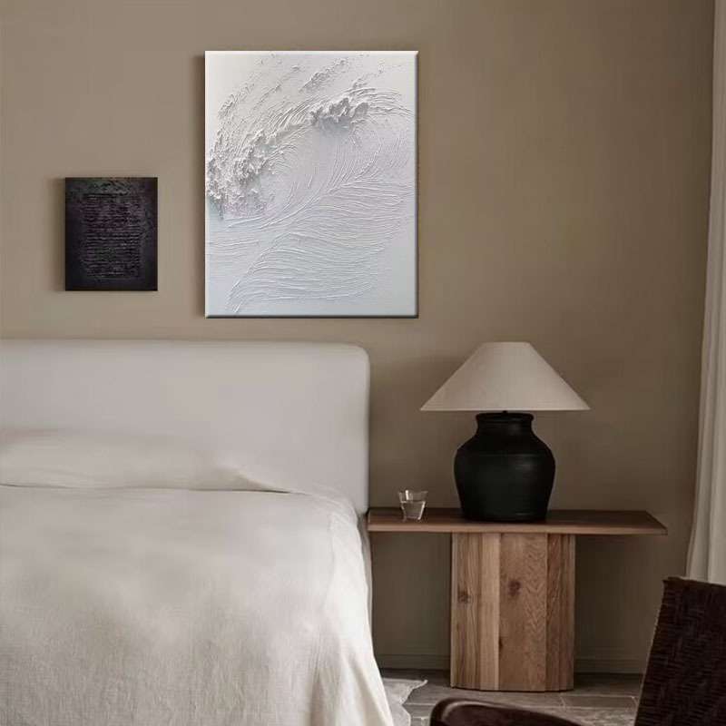 客厅手绘油画纯白色立体装饰画丙烯石英砂肌理法式海浪玄关走廊画图片