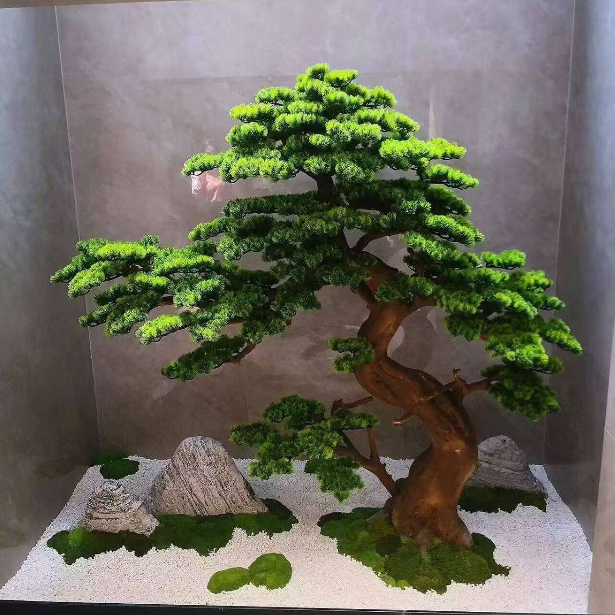 仿真迎客松树假树根抱石松罗汉松雕刻木雕酒店橱窗玄关造景装饰