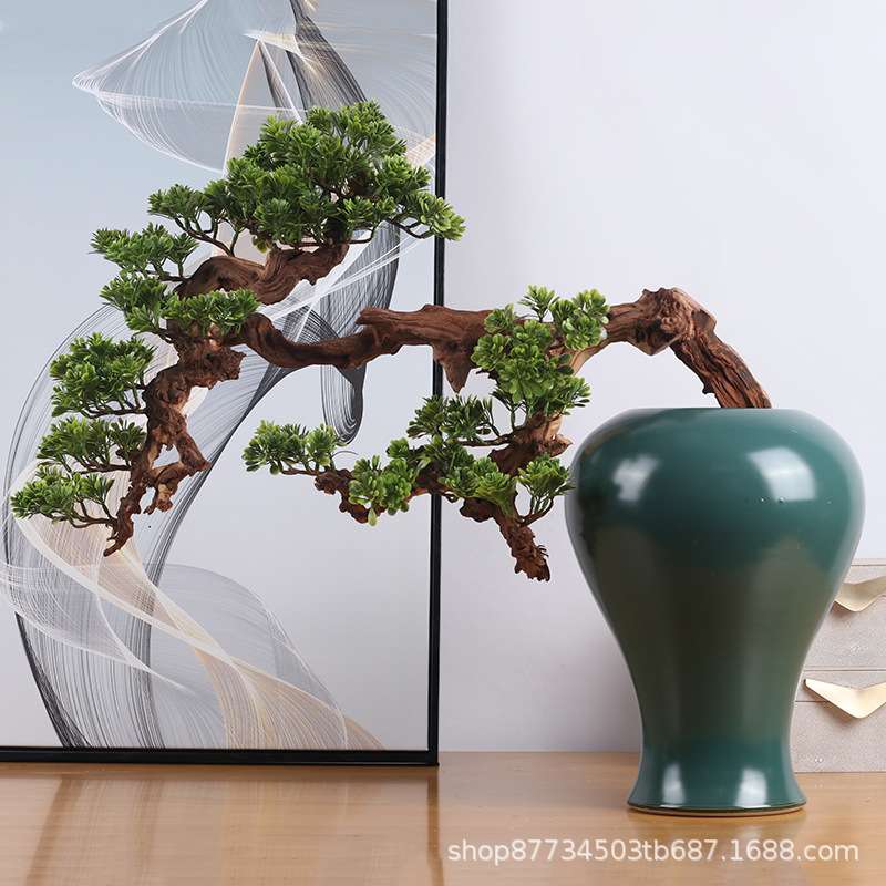 新中式软装饰品禅意酒店客厅玄关仿真盆栽盆景大型迎客松枯树摆件