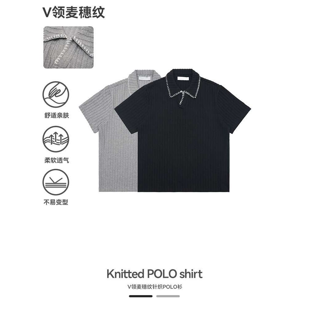 UNF 花边V领麦穗纹POLO衫短袖男女肌理感美式老钱风半袖针织T恤夏