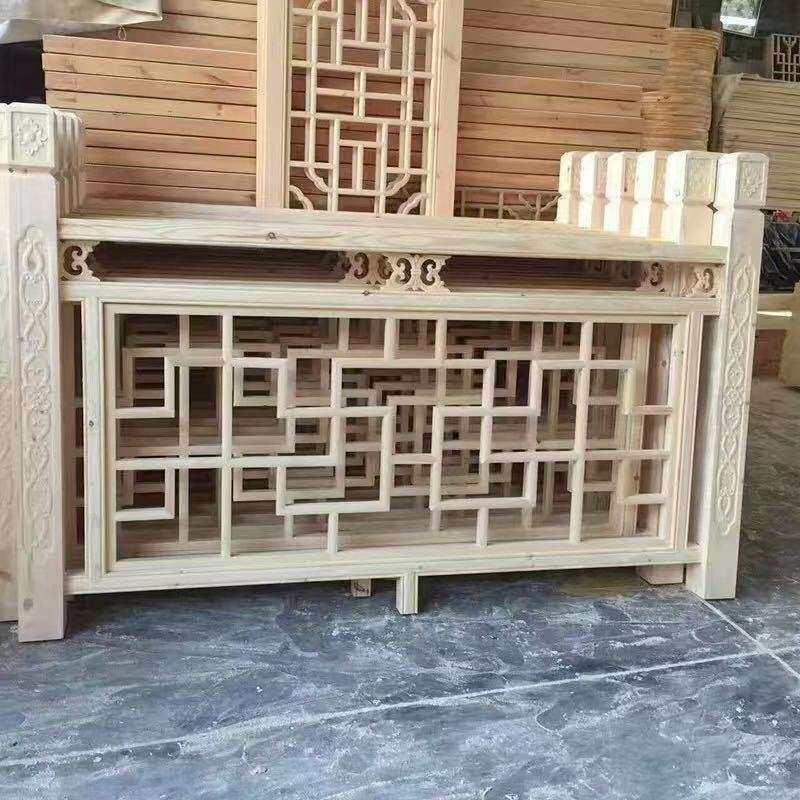 仿古建新中式实木花格围栏杆防腐木雕花楼梯扶手楼道护栏挂落凉亭