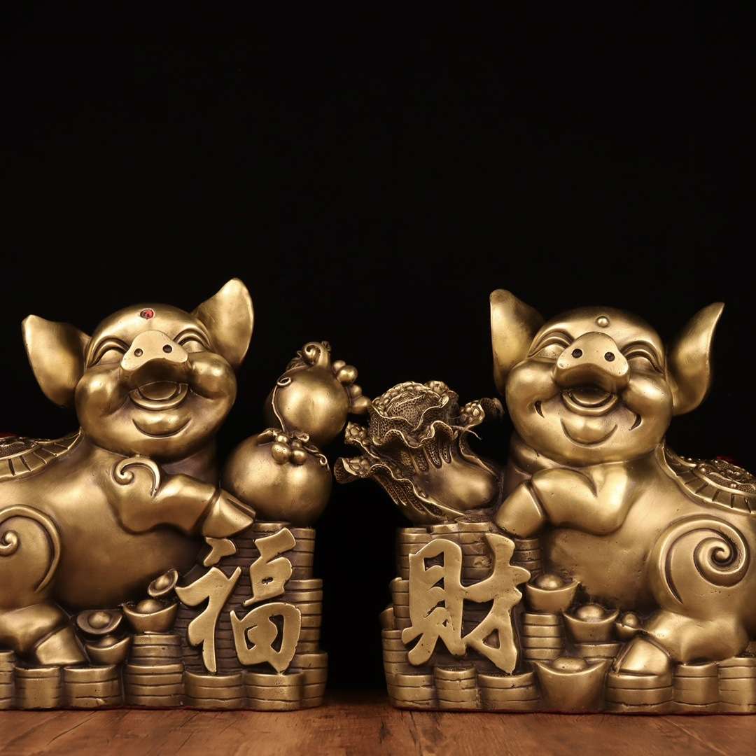 纯铜猪摆件一对财福对猪金钱福禄百财猪家居精工动物摆设工艺品