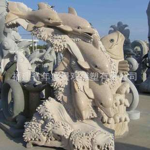 雕刻厂家供应黄锈石海豚摆件楼盘小区绿化带装饰雕塑大理石动物