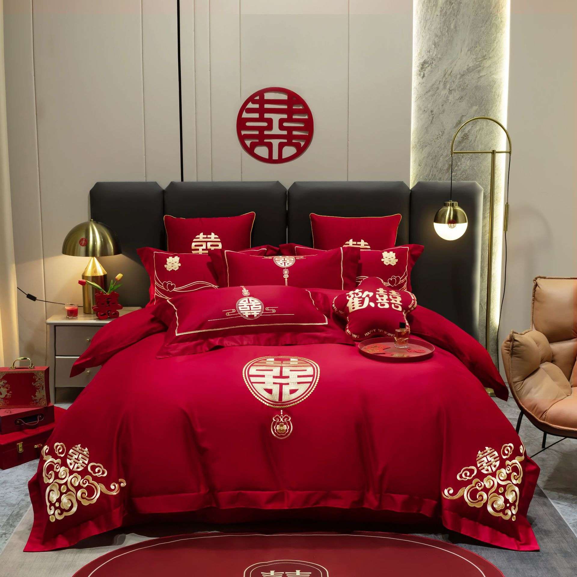 备婚床上用品中国风大红色结婚四件套刺绣喜被新婚庆婚嫁六件套