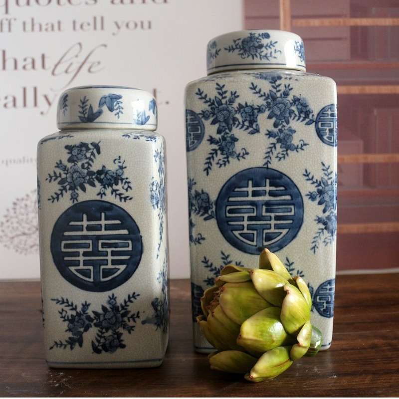 陶瓷青花瓷裂纹釉储物罐喜字罐中国风软装陶瓷摆件