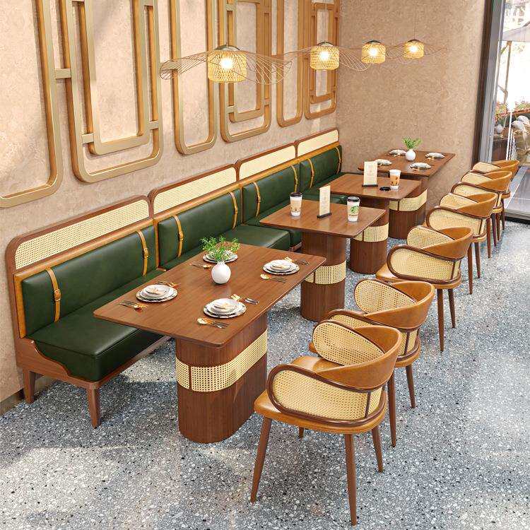 简约火锅店主题餐厅桌椅组合实木藤编咖啡厅茶餐厅卡座沙发