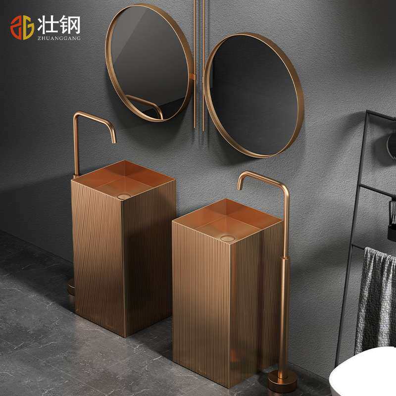 厂家直销创意竖纹表面方形立柱盆不锈钢一体落地式洗手盆简约立柱