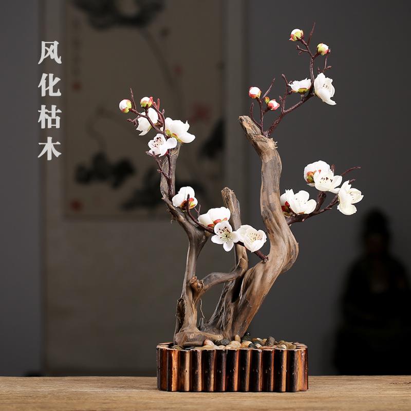 手工风化木摆件 中式禅意仿真桃花枯木摆件茶宠摆件创意装饰底座