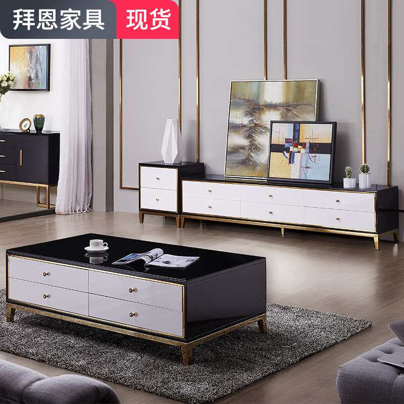 轻奢镀金茶几电视柜组合 客厅后现代简约不锈钢黑白烤漆储物地柜