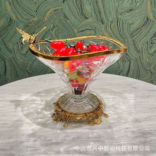 法式水晶玻璃全铜果盘摆件欧式客厅餐厅高级奢华水果盘家居饰品