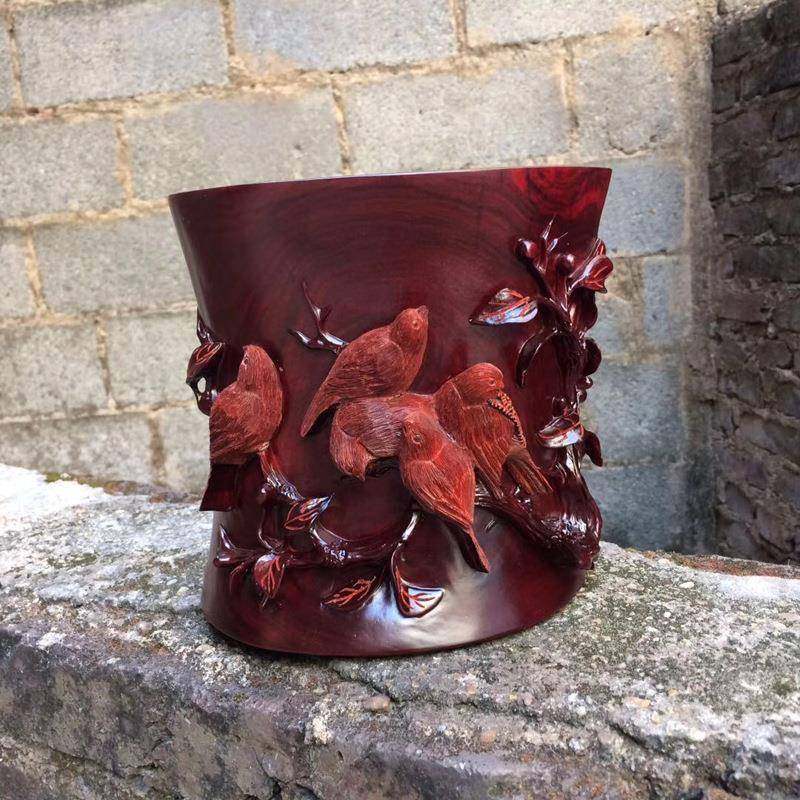 赞比亚血檀木质笔筒圆形 实木雕刻五雀图工艺品摆件 厂家直销