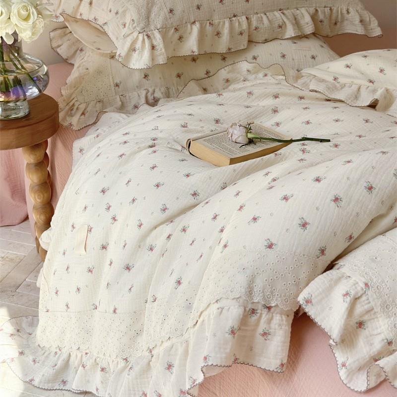 田园小清新碎花少女心韩系纯棉花边A类皱皱纱布双人床被罩四件套
