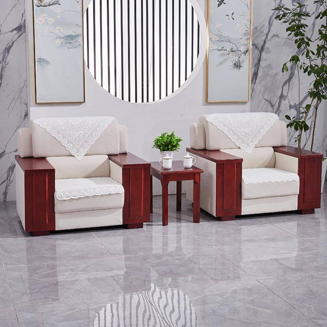 办公商务会客厅会议室洽谈贵宾接待室单人位中式布艺沙发茶几