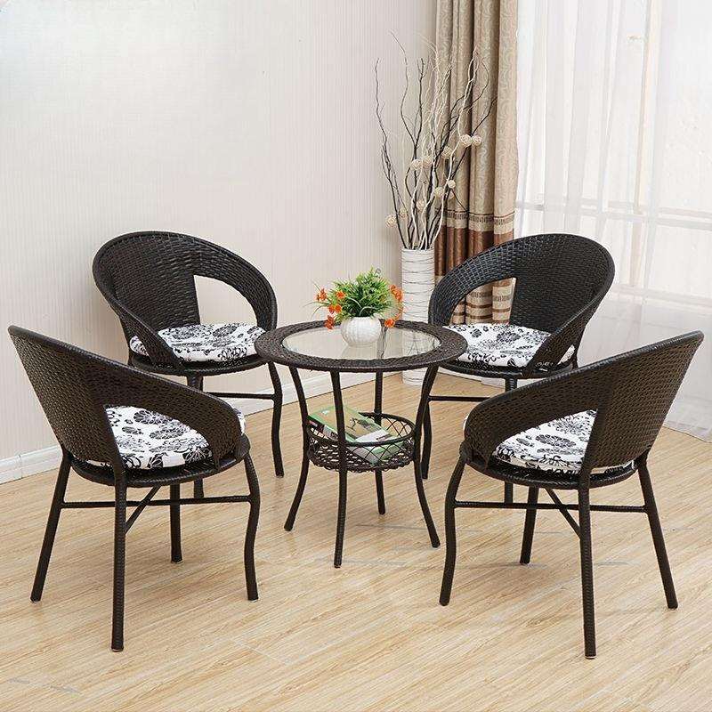 阳台金属小桌子休闲小圆桌小茶桌椅组合藤编小茶几钢化玻璃圆形桌