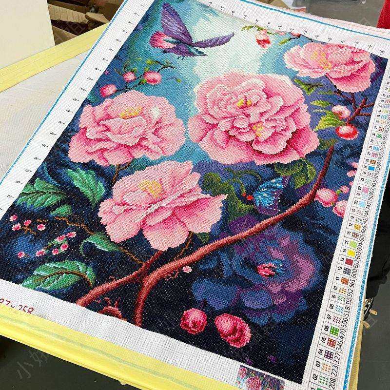 山茶花十字绣成品不带框纯手工出售绣好的2025新款高端客厅花卉