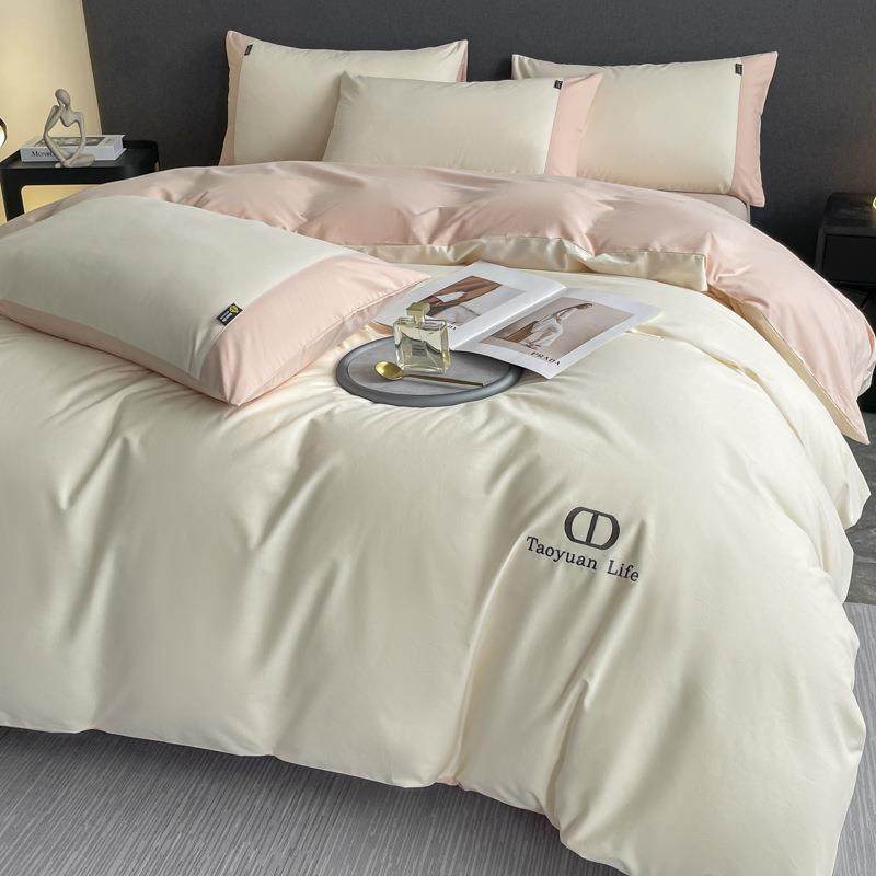 秋冬100S纯棉刺绣磨毛四件套纯色双拼全棉加厚长绒棉床单被套床品