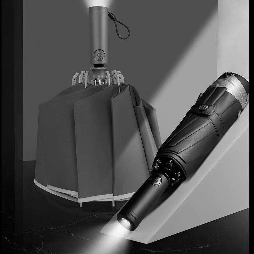 三折10骨安全自动开收反向伞夜行反光条伞带电筒商务伞晴雨两用