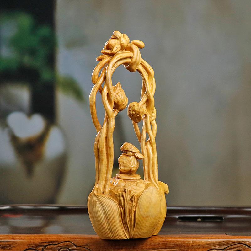 黄杨木雕莲蓬翠鸟提梁壶中式家居茶桌装饰木质工艺品文玩茶宠摆件