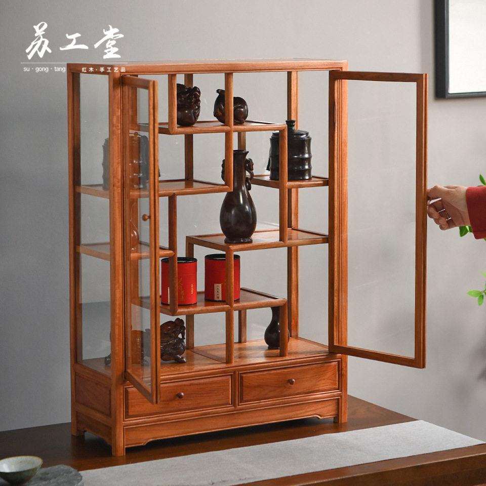 缅甸花梨全独板双开门玻璃柜家用客厅实木架子收藏品展示柜置物架