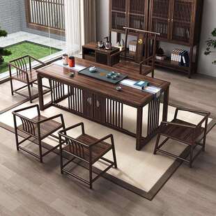 乌金木新中式茶桌椅组合办公室家用全实木泡茶几茶台储物实木茶桌
