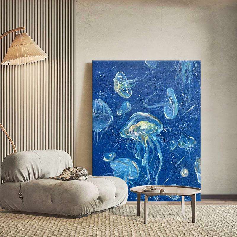 小众艺术水母肌理纯手绘油画蓝色客厅装饰画海洋玄关挂画动物壁画