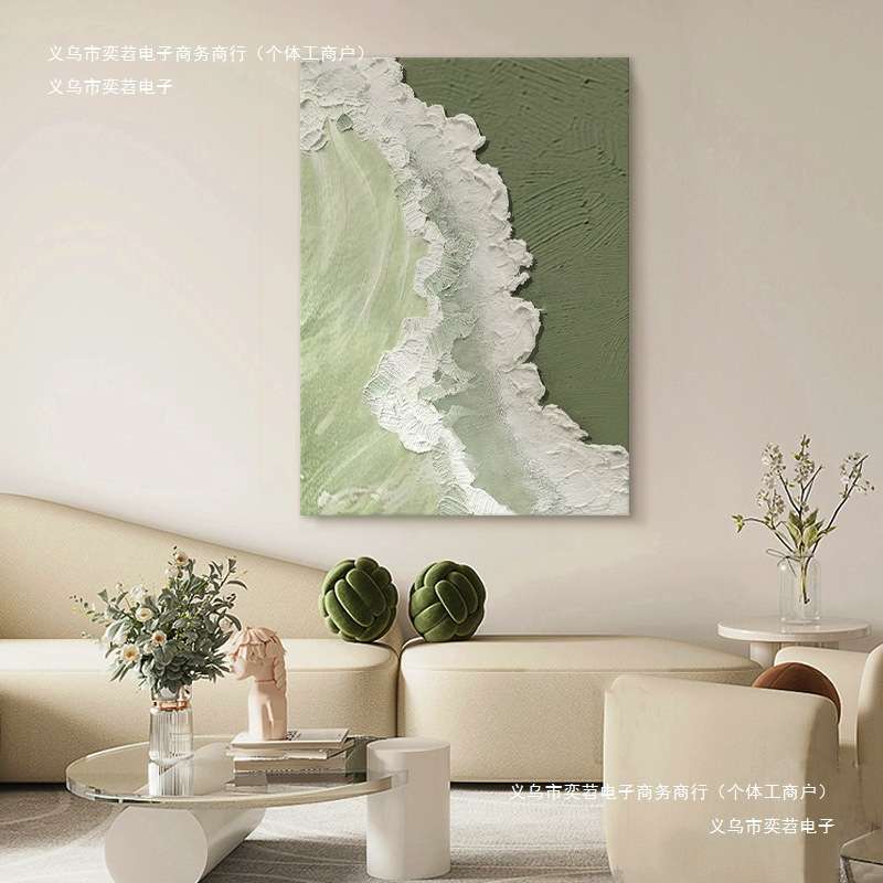 客厅立体肌理玄关装饰画海浪绿色丙烯画北欧石英砂抽象手绘油画画图片