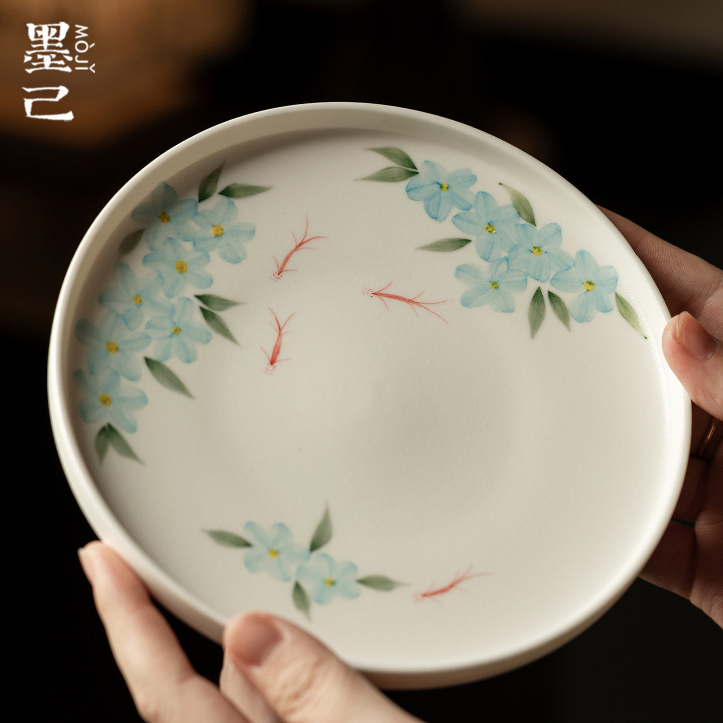 墨己雪花白哑光手绘蓝芳鲤影陶瓷壶承茶道配件家用干泡盘茶点盘