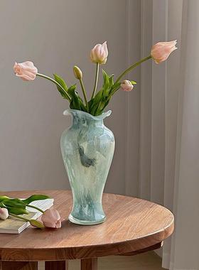 蓝色透明玻璃花瓶中式风格复古花边装饰花器摆件客厅玄关插花水培