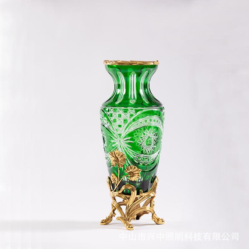 法式水晶镶铜配铜花瓶摆件欧式家居饰品美式软装高档奢华花瓶摆设