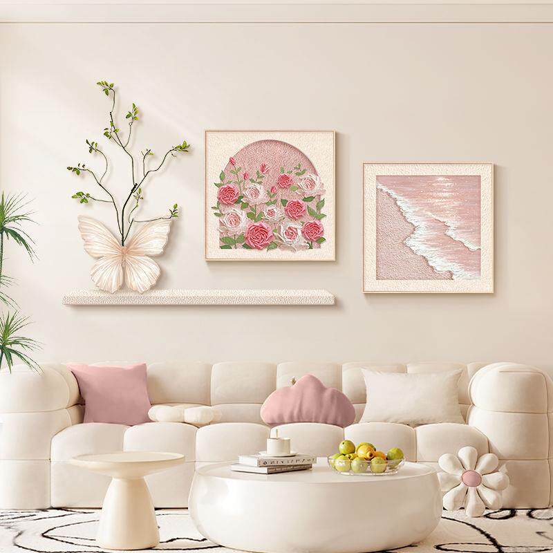 海浪玫瑰电视背景法式蝴蝶沙发复古墙壁挂画客厅装饰画风花卉奶油