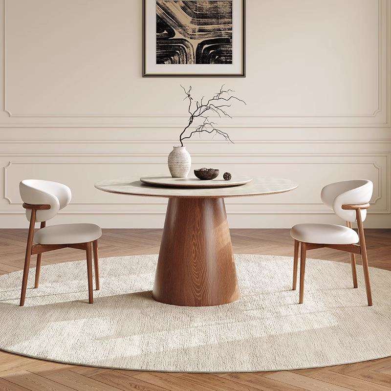 法式实木岩板餐桌椅组合带转盘家用小户型现代简约胡桃色餐厅圆桌