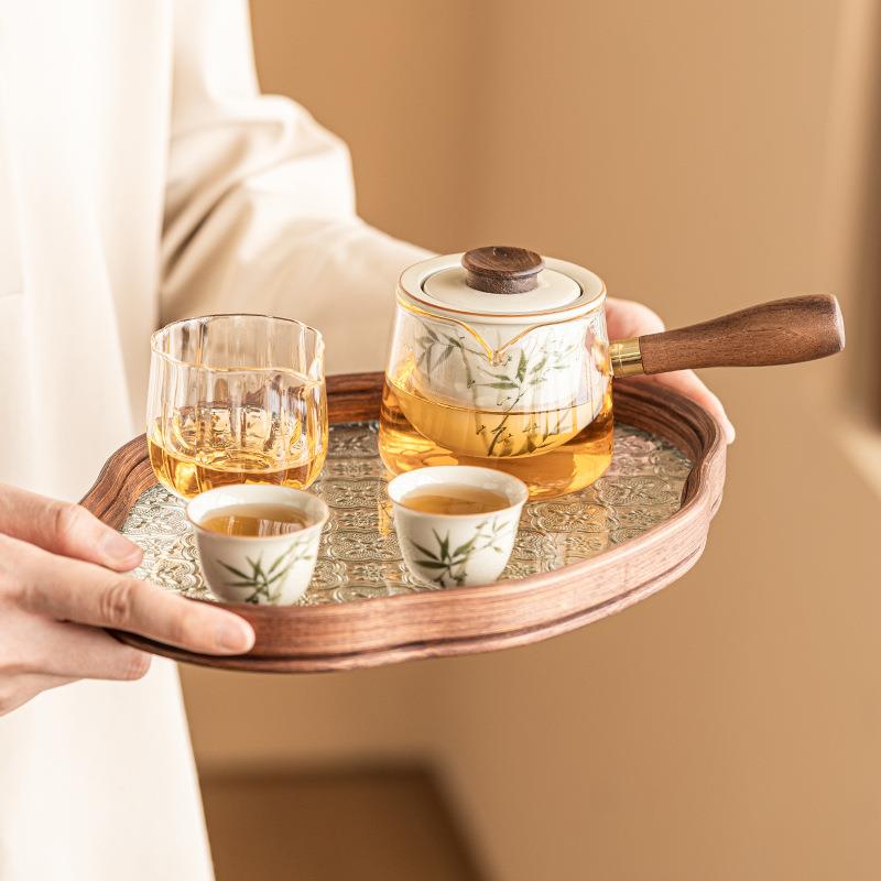 手绘翠绿文竹侧把壶茶具茶盘套装一壶二杯便携式户外泡茶旅行茶具