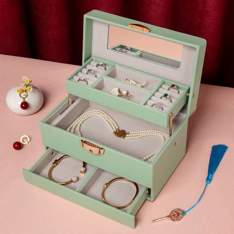 支持现货混批皮革化妆收纳首饰多层自动升降开合首饰盒珠宝