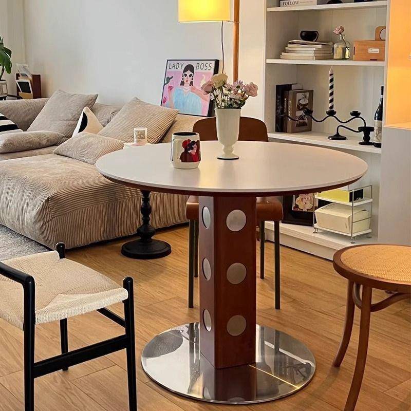 复古岩板餐桌伯格中古圆桌简约洽谈实木圆形饭桌椅民宿小户型家用