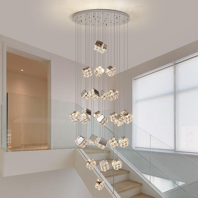 复式楼大吊灯中柱灯客厅轻奢现代简约楼梯长吊灯挑空别墅旋转水晶
