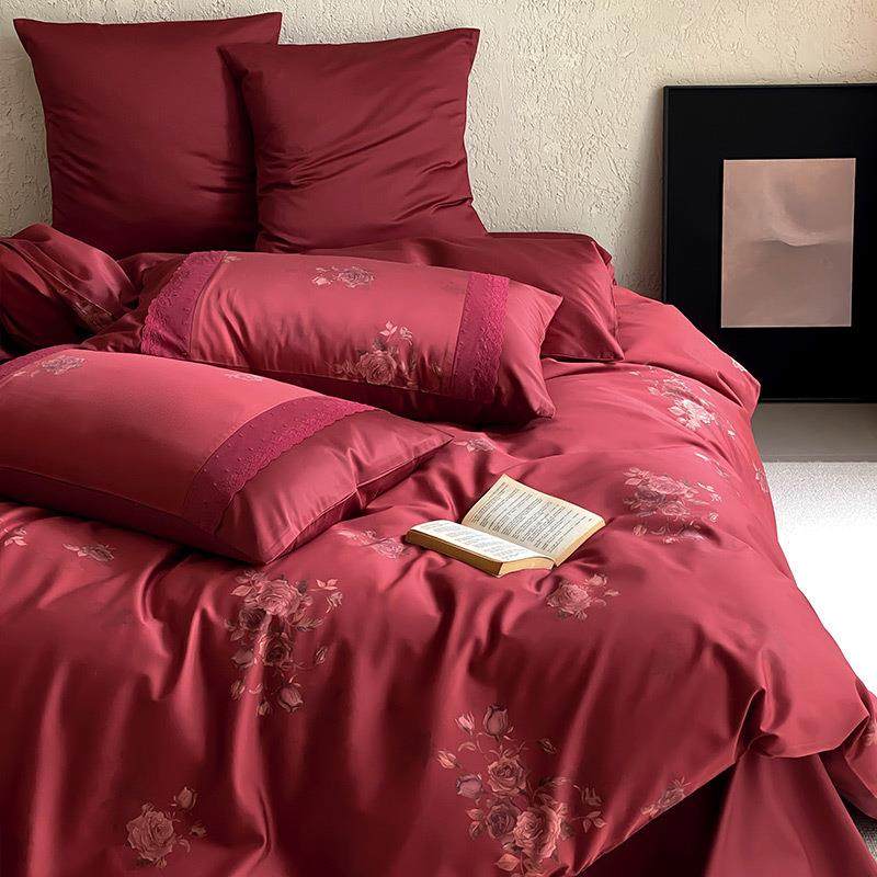 高端100长绒棉婚庆四件套花卉印花纯棉被套红色床单喜庆床上用品