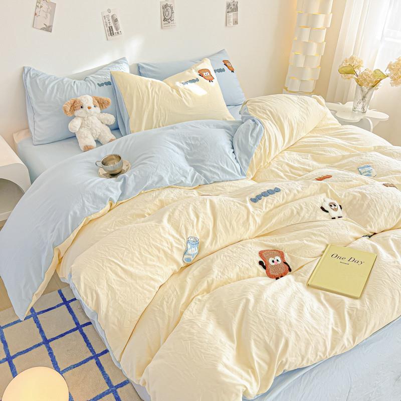 isn简约毛巾绣四件套全纯色棉被套床罩少女公主风裸睡床单三件套