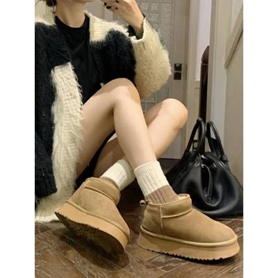 2025冬季皮面雪地靴女厚底加绒短筒靴东北棉靴保暖加厚棉鞋女