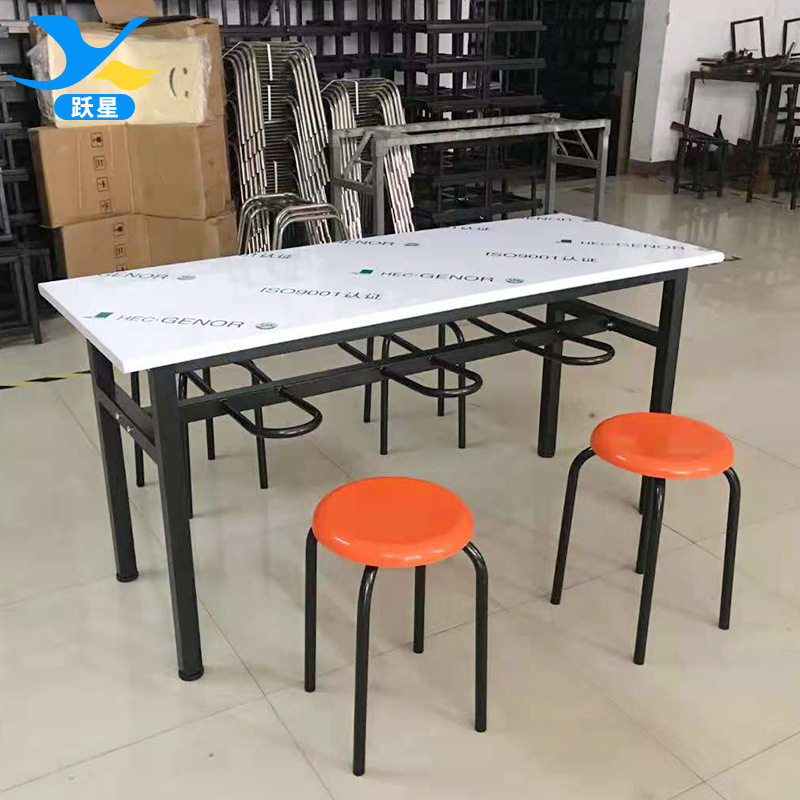 批发不锈钢连体餐桌椅 工人饭堂餐厅大排档挂凳连体圆凳餐桌椅