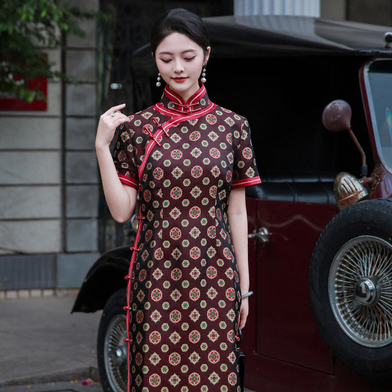 醉如意三重门新款40姆米织金宋锦非遗真丝高端长款旗袍中国风女士