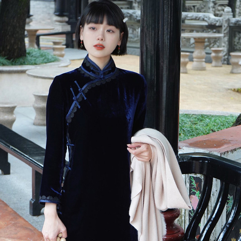 玲玉三重门中国风真丝丝绒旗袍裙长袖妈妈高级感高端国风新中式女