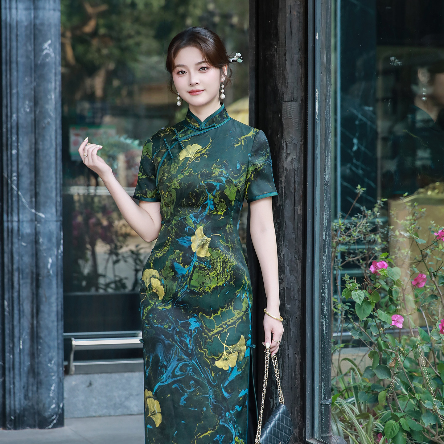 清风叶三重门夏季新款非遗真丝香云纱中式修身旗袍长款民国风优雅