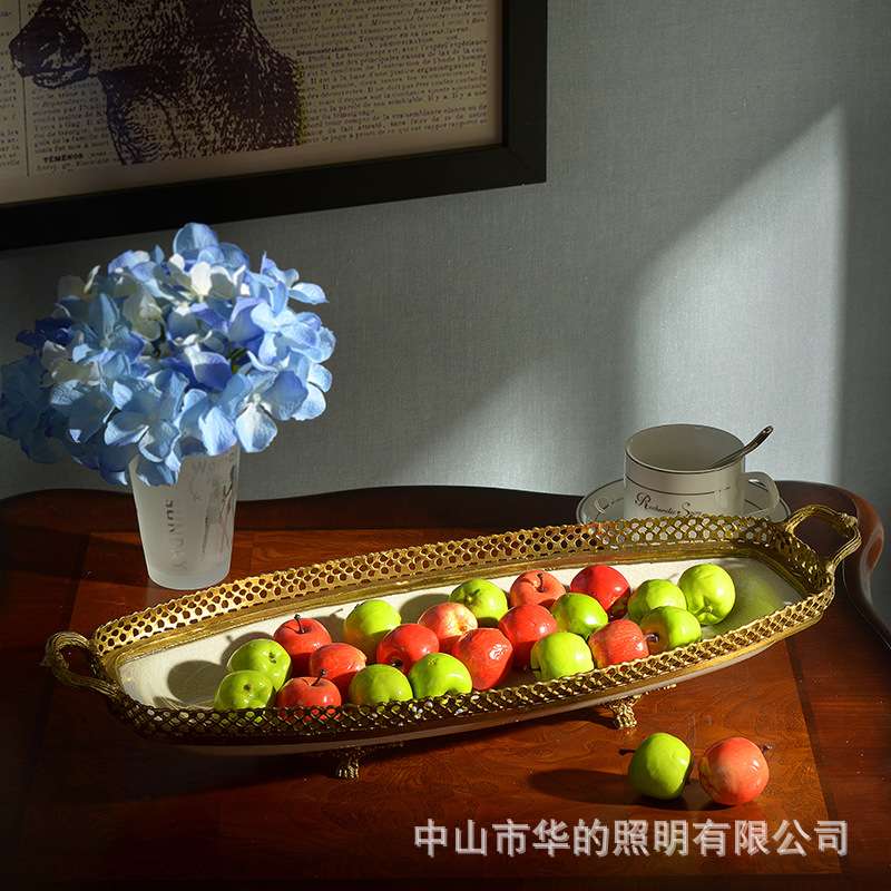 欧式古典奢华高端陶瓷镶铜果盆摆件装饰花盆双耳果盘纯铜艺术品