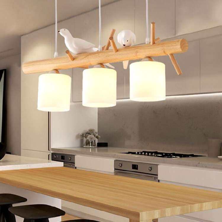 北欧创意原木小鸟餐厅三头简约现代实木艺餐厅饭厅吊灯饰灯具
