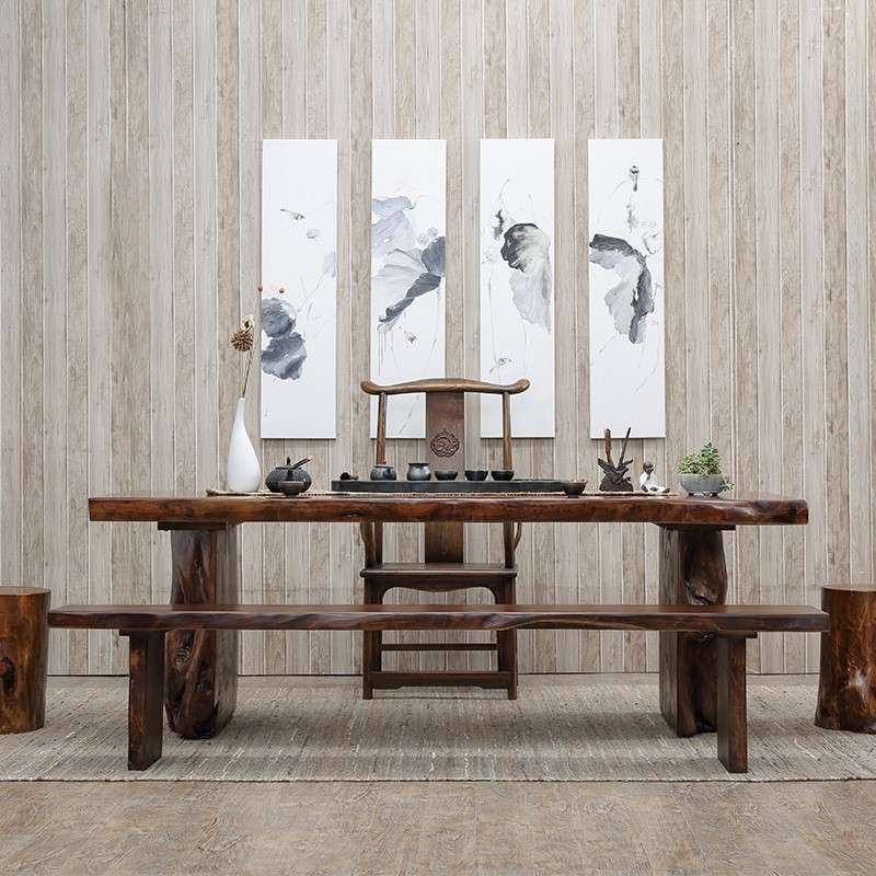 实木大板桌新中式茶几餐桌老板桌简约办公会议桌原木泡茶桌椅组合