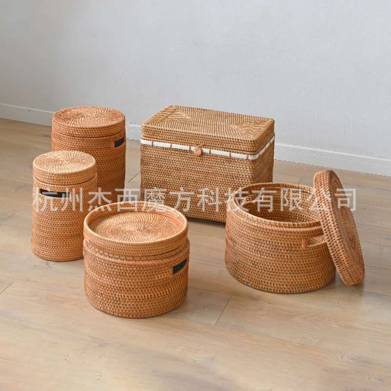 越南秋藤编置物圆筒书画卷轴收纳箱圆形储物箱复古收纳箱置物筐