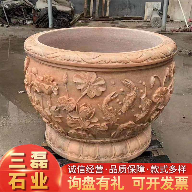 天然石雕鱼缸晚霞红石缸青石中式美学石雕荷花石缸别墅花岗岩门海