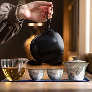 汝窑聚宝盖碗三杯旅行快客雪景户外便携式陶瓷开片茶具套装